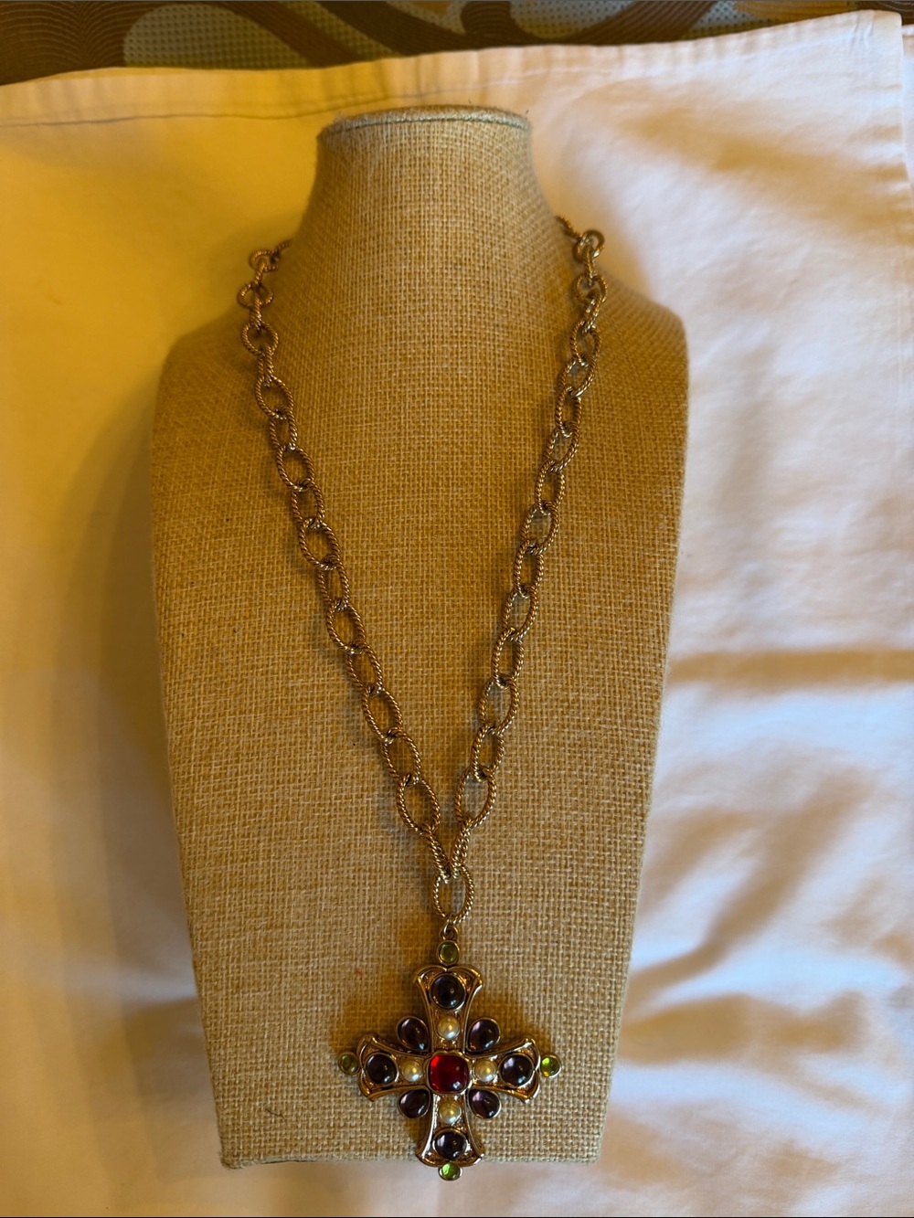 Gold-Tone Cross Pendant Necklace with Multicolor Stones and Faux Pearl